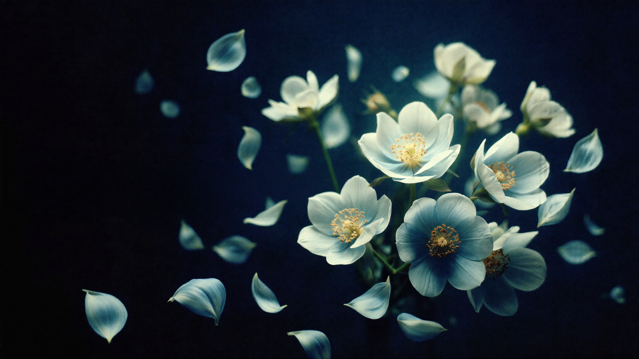 White blossoms and drifting petals against a deep navy background